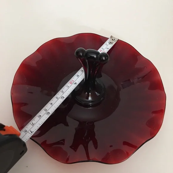 Vintage art Deco Cranberry Glass Candy Dish Wavy Edging with Handle Trinket Tray - Picture 3 of 11